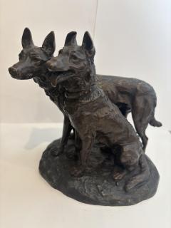French bronze group of two dogs with one sitting signed Laplanche  - 4655668