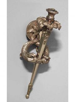 French gilt bronze single arm wall sconces with double dolphin and torch design - 4639976