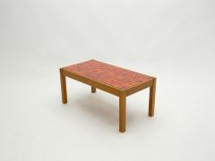 French oak wood and red ceramic coffee table 1960s - 1945501