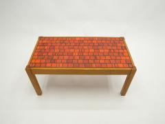 French oak wood and red ceramic coffee table 1960s - 1945502