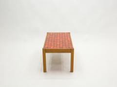 French oak wood and red ceramic coffee table 1960s - 1945503