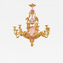 French ormolu and pink porcelain twelve light chandelier - 1549638