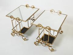 French pair of gilt wrought iron mirror two tier end tables 1950s - 2714173