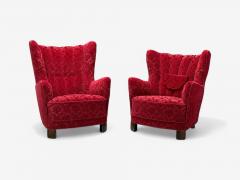Fritz Hansen Danish Modern Fabric Wood His and Hers Lounge Chairs Denmark 1960s - 4362727