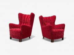Fritz Hansen Danish Modern Fabric Wood His and Hers Lounge Chairs Denmark 1960s - 4362728