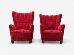 Fritz Hansen Danish Modern Fabric Wood His and Hers Lounge Chairs Denmark 1960s - 4362729