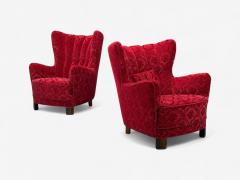Fritz Hansen Danish Modern Fabric Wood His and Hers Lounge Chairs Denmark 1960s - 4362733