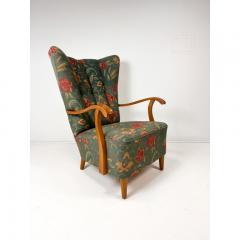 Fritz Hansen Swedish High Back Lounge Chair With Floral Upholstery 1950s - 4611609