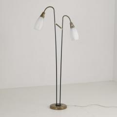 G Holman Two Light Floor Lamp in Brass Black Metal and Opaline Glass 1950s - 4818527