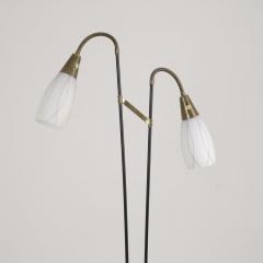 G Holman Two Light Floor Lamp in Brass Black Metal and Opaline Glass 1950s - 4818528