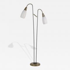 G Holman Two Light Floor Lamp in Brass Black Metal and Opaline Glass 1950s - 4818717