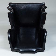 GEORGE II STYLE MAHOGANY AND BLACK LEATHER UPHOLSTERED WING CHAIR - 2011606