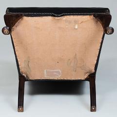 GEORGE II STYLE MAHOGANY AND BLACK LEATHER UPHOLSTERED WING CHAIR - 2011607