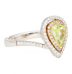 GIA 1 25CT Pear Cut Fancy Green Yellow Diamond 18K Tri Colored Gold Bypass Ring - 3515276