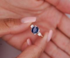 GIA Cert 1 85 Carat Oval Blue Sapphire Diamond 14K White Gold 3 Stone Ring - 3737040