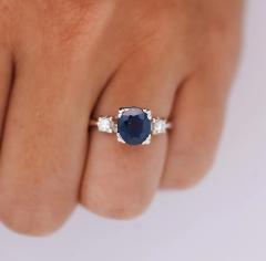 GIA Cert 1 85 Carat Oval Blue Sapphire Diamond 14K White Gold 3 Stone Ring - 3737067