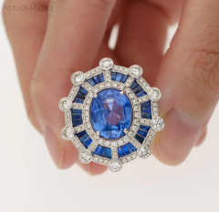 GIA Certified 8 46 Carat No Heat Blue Sapphire Diamond Art Deco Style Ring - 3643321