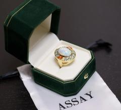 GIA Certified 8 Carat White Opal With Orange Garnet Aquamarine Halo Ring - 3504915