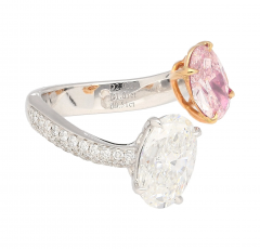 GIA Certified Oval Cut Fancy Orangy Pink White Diamond Toi Et Moi 18K Ring - 3548166