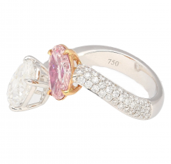 GIA Certified Oval Cut Fancy Orangy Pink White Diamond Toi Et Moi 18K Ring - 3548168