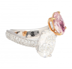 GIA Certified Oval Cut Fancy Orangy Pink White Diamond Toi Et Moi 18K Ring - 3548174
