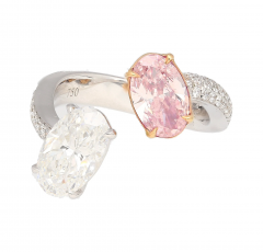GIA Certified Oval Cut Fancy Orangy Pink White Diamond Toi Et Moi 18K Ring - 3548226
