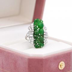 GIA Certified Vintage Carved Jadeite Jade Diamond Statement Ring - 3919071