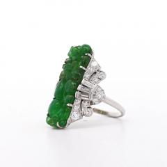 GIA Certified Vintage Carved Jadeite Jade Diamond Statement Ring - 3919075