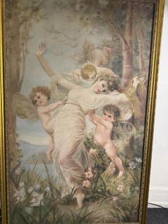 GRAND FINE BEAUX ARTS ETHEREAL BEAUTY WITH CHERUBS NYMPHS IN WOODLANDS PAINTING - 4297470