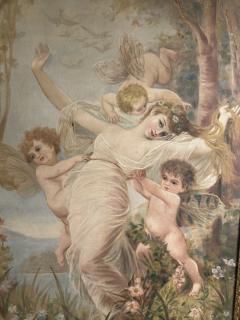 GRAND FINE BEAUX ARTS ETHEREAL BEAUTY WITH CHERUBS NYMPHS IN WOODLANDS PAINTING - 4297475