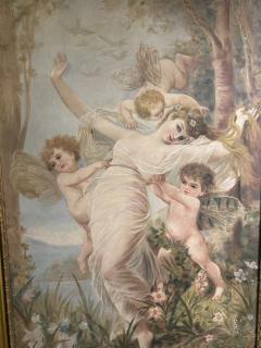 GRAND FINE BEAUX ARTS ETHEREAL BEAUTY WITH CHERUBS NYMPHS IN WOODLANDS PAINTING - 4297477