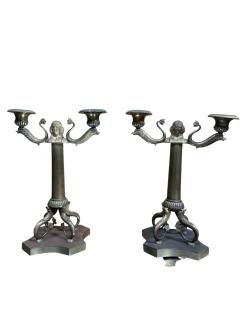 GRAND TOUR PAIR OF DORE BRONZE EGYPTIAN REVIVAL TWO CANDLE CANDELABRA - 4495640