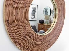 Gabriella Crespi Round Italian Rattan Bamboo and Brass Framed Mirror circa 1970 Crespi Style - 1185633