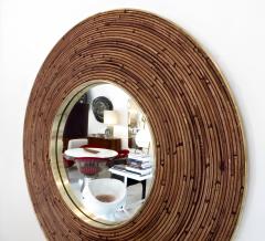 Gabriella Crespi Round Italian Rattan and Brass Framed Mirror Circa 1970 - 1020455