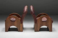 Gae Aulenti Pair of Arcata Easy Chairs by Gae Aulenti Walnut and Burgundy Leather 1968 - 3405692