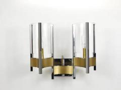 Gaetano Sciolari Gaetano Sciolari Pair Large Wall Lights Sconces Chrome Brass Glass 1970s - 4105892