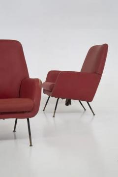 Gastone Rinaldi Gastone Rinaldi Vintage Red Leather Armchairs with Brass Feet - 3652606