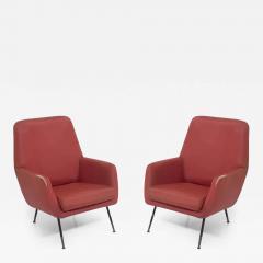 Gastone Rinaldi Gastone Rinaldi Vintage Red Leather Armchairs with Brass Feet - 3655106