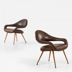Gastone Rinaldi Pair of Easy Chairs in Oak Brass Leather Upholstery by Gastone Rinaldi 1954 - 4467710