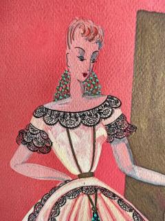 Genevi ve Thomas Art Deco 1940s High Fashion Illustration Woman with Fan and Screen - 3702853