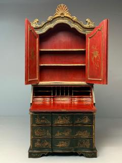 George I Style Chinoiserie Green Japanned Desk Bookcase Parcel Gilt 1920s - 3915530