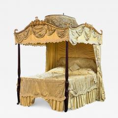 George III Mahogany Gilt Wood Silk Canopy Bed England c 1880s - 4399152