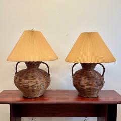 George Kovacs Large Mid Century Modern Wicker Urn Table Desk Lamps by Kovacs Compatible Pair - 3377014