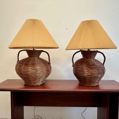 George Kovacs Large Mid Century Modern Wicker Urn Table Desk Lamps by Kovacs Compatible Pair - 3377015