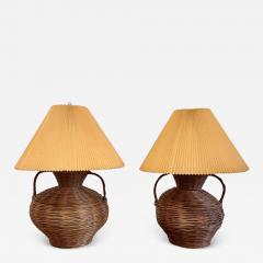 George Kovacs Large Mid Century Modern Wicker Urn Table Desk Lamps by Kovacs Compatible Pair - 3388792