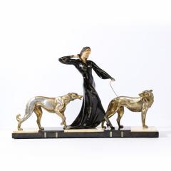 Georges Gori Art Deco Sculpture of Woman Walking Borzois Signed G Gori for Etling Paris - 3352673