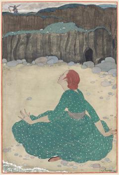 Georges Lepape Art Nouveau Woman on Beach in Green Dress Romantic Story Le Retour  - 2338742