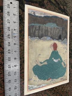 Georges Lepape Art Nouveau Woman on Beach in Green Dress Romantic Story Le Retour  - 2338746