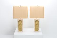 Georges Mathias George Matthias Pair of Brass Etched and Travertine Lamps 1970s - 1213290