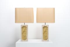 Georges Mathias George Matthias Pair of Brass Etched and Travertine Lamps 1970s - 1213292